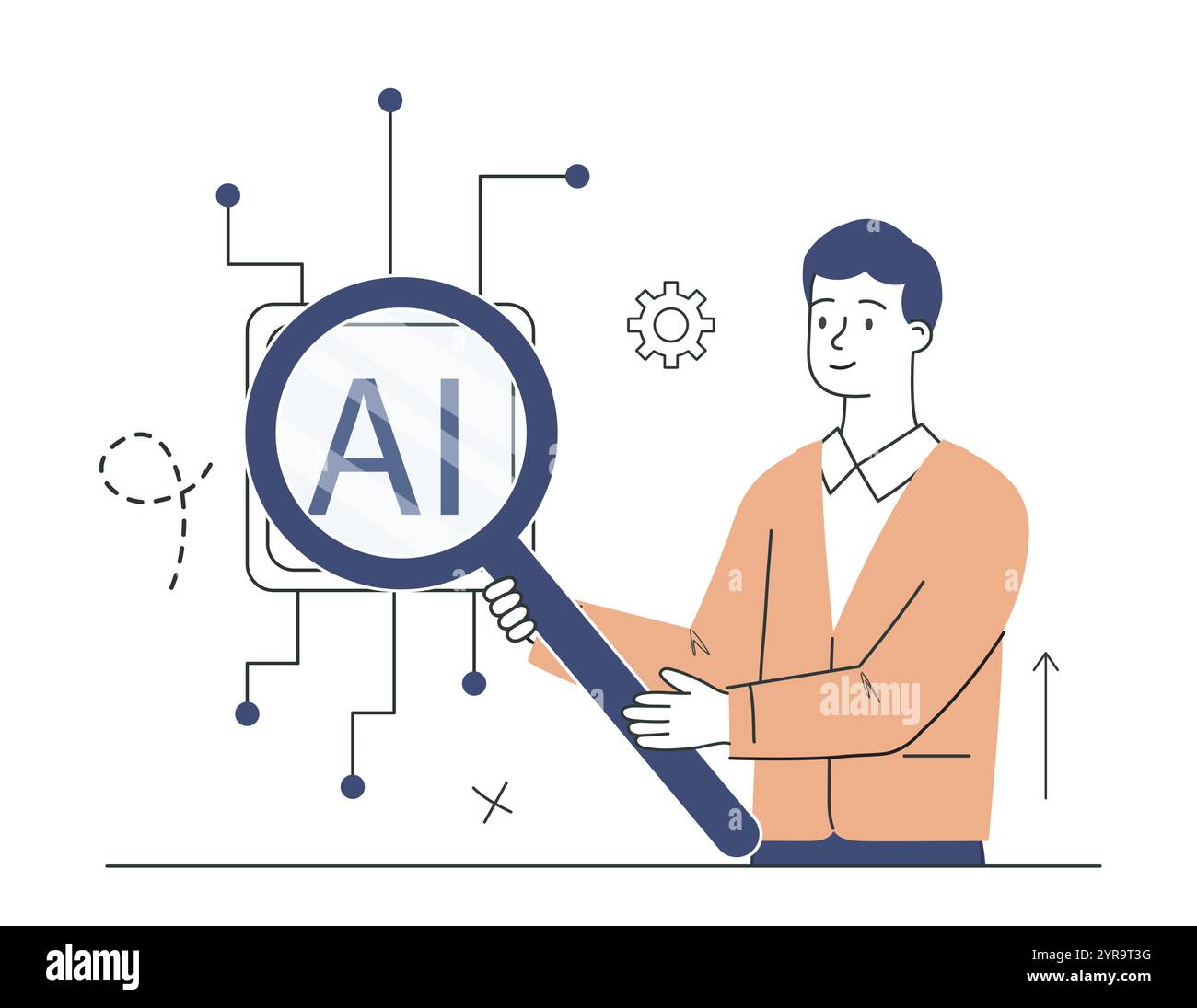 Artificial intelligence apps. Man with loupe look ai. Virtual helper ...