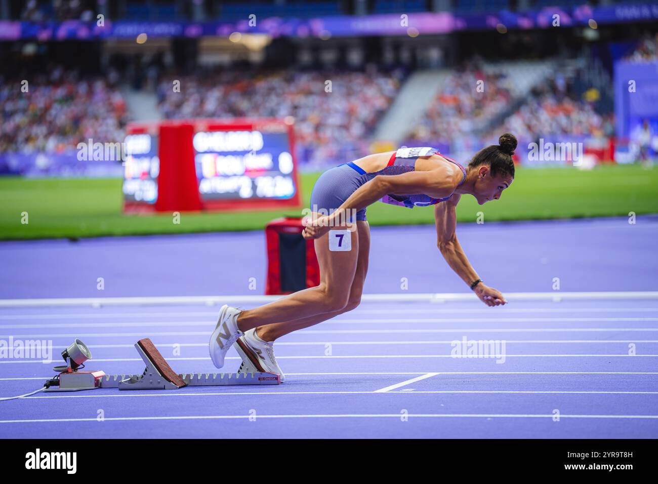 Sydney McLaughlin participating in the 400 meters hurdles at the Paris ...