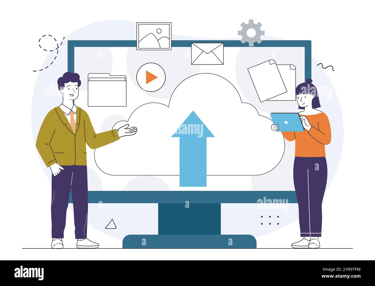 Nesar Computer Files in cloud storage. Man and woman near computer with files and ...