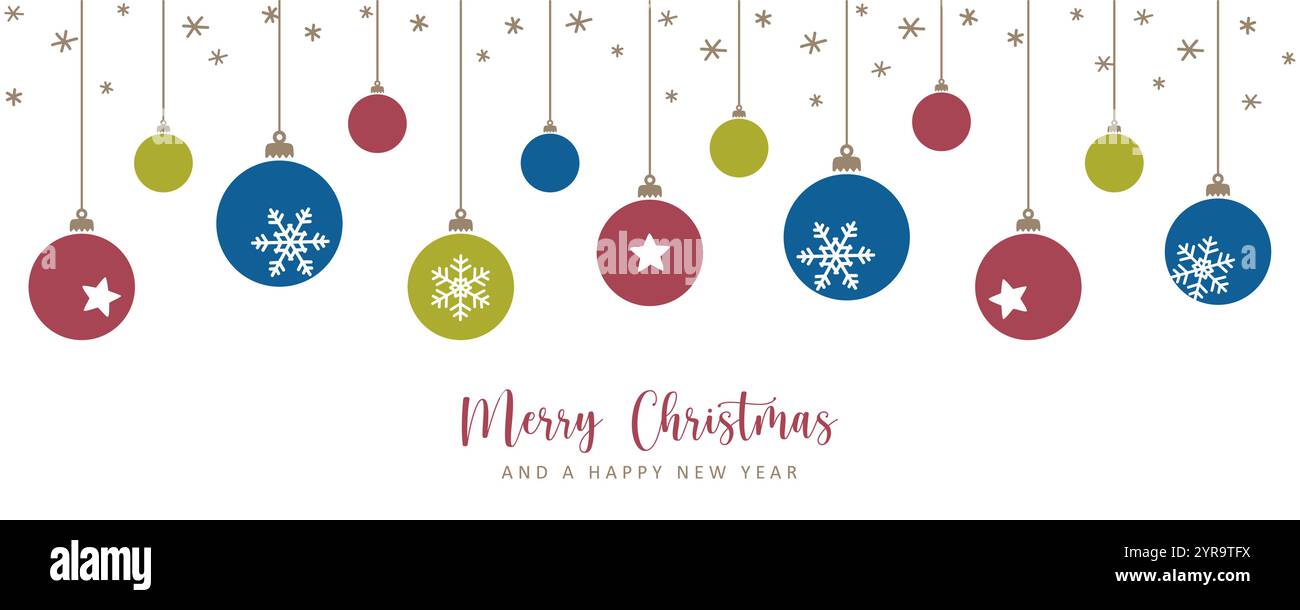 merry christmas card with hanging ball decoration vector illustration ...