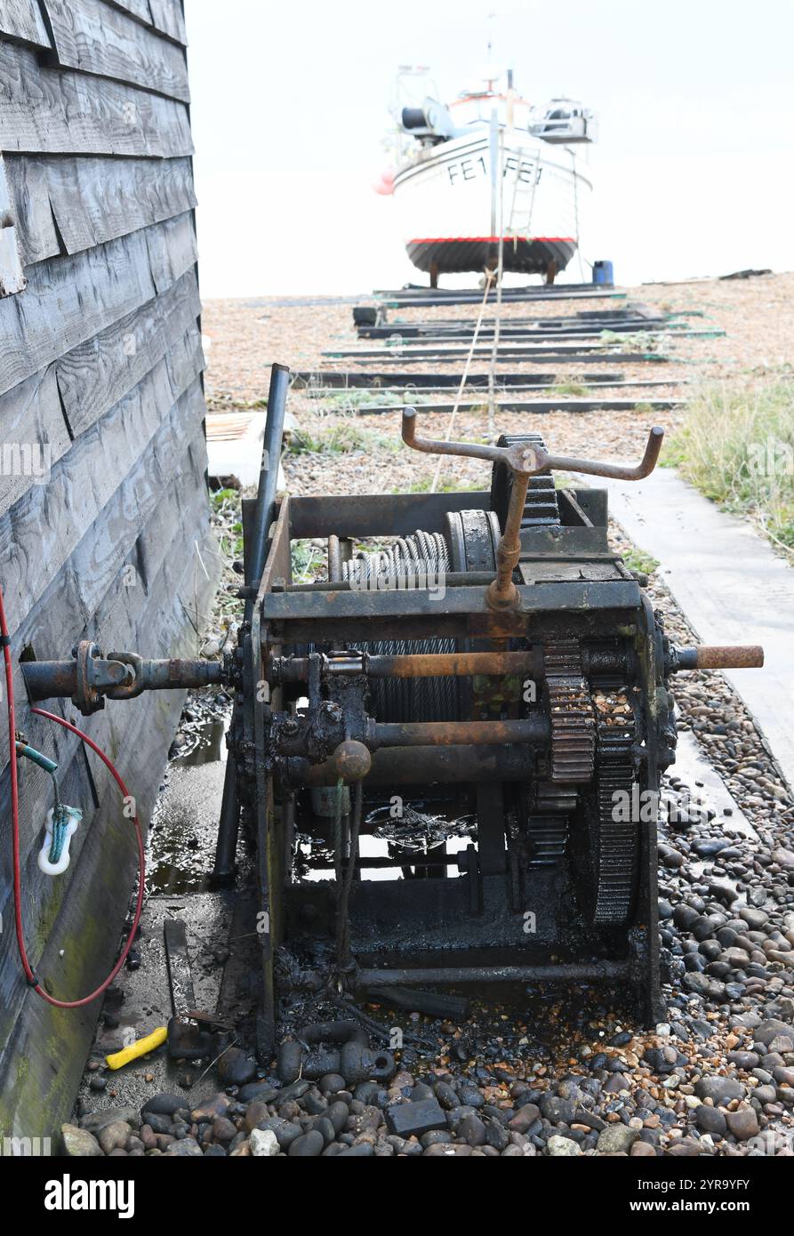 Oily boat winch Stock Photo