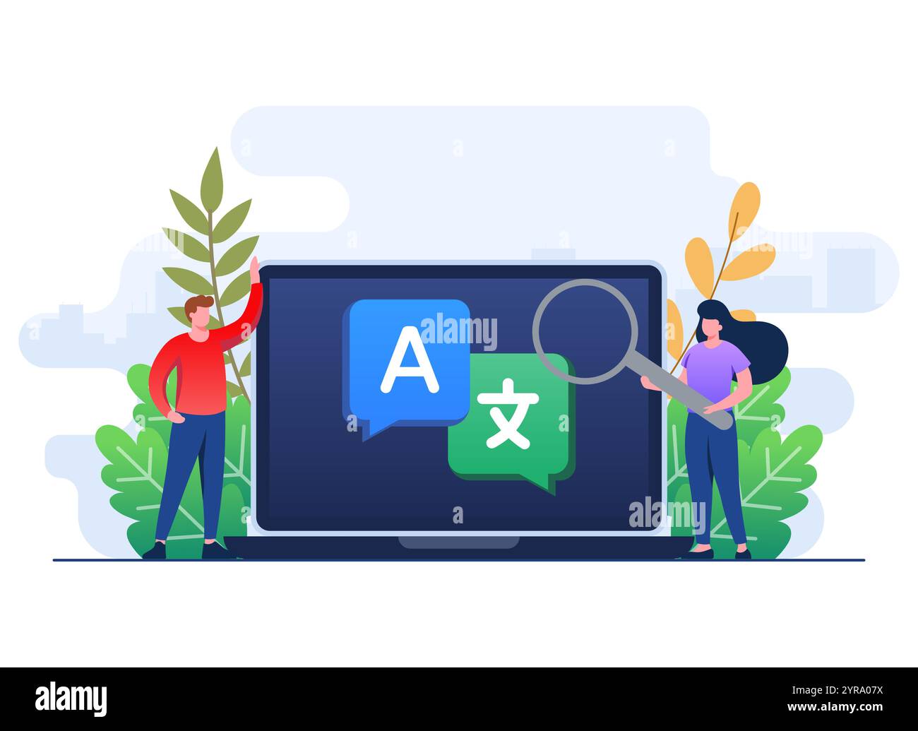 Translation concept flat illustration vector template, Translate languages, Online translator mobile application on tablet, People translating languag Stock Vector