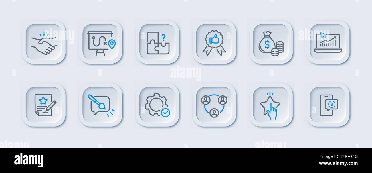Business icons set. Handshake, puzzles and laptop with graphs and diagrams. Digital marketing, commerce and entrepreneurship. Linear vector collection Stock Vector