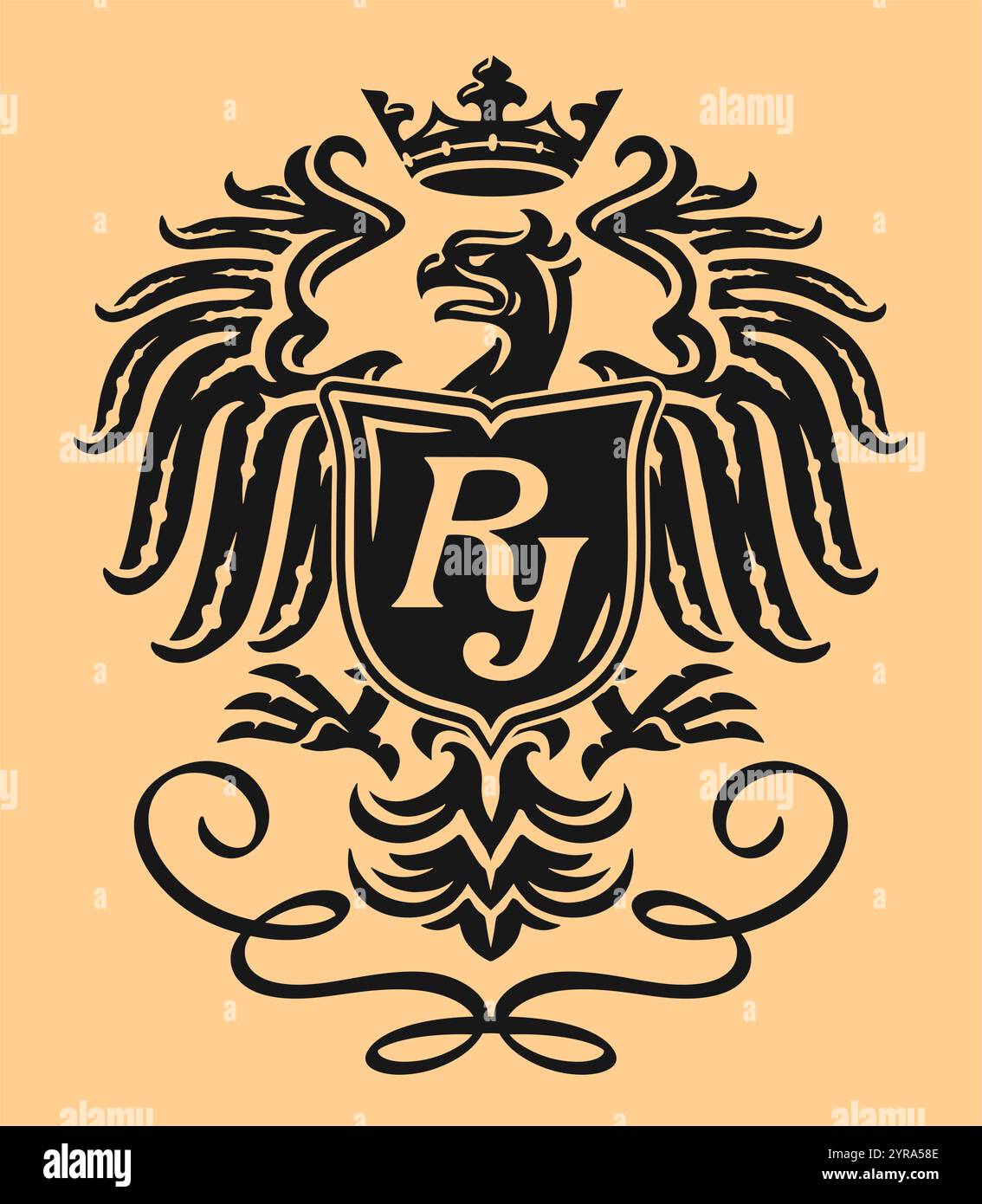 Royal coat of arms or symbol. Heraldic eagle with shield and crown. Vintage vector illustration Stock Vector