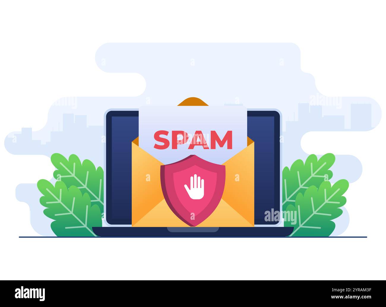 Spamming mailbox concept flat illustration vector template, Spam warning, Laptop with envelope and document, Warning, Security, Stock Vector