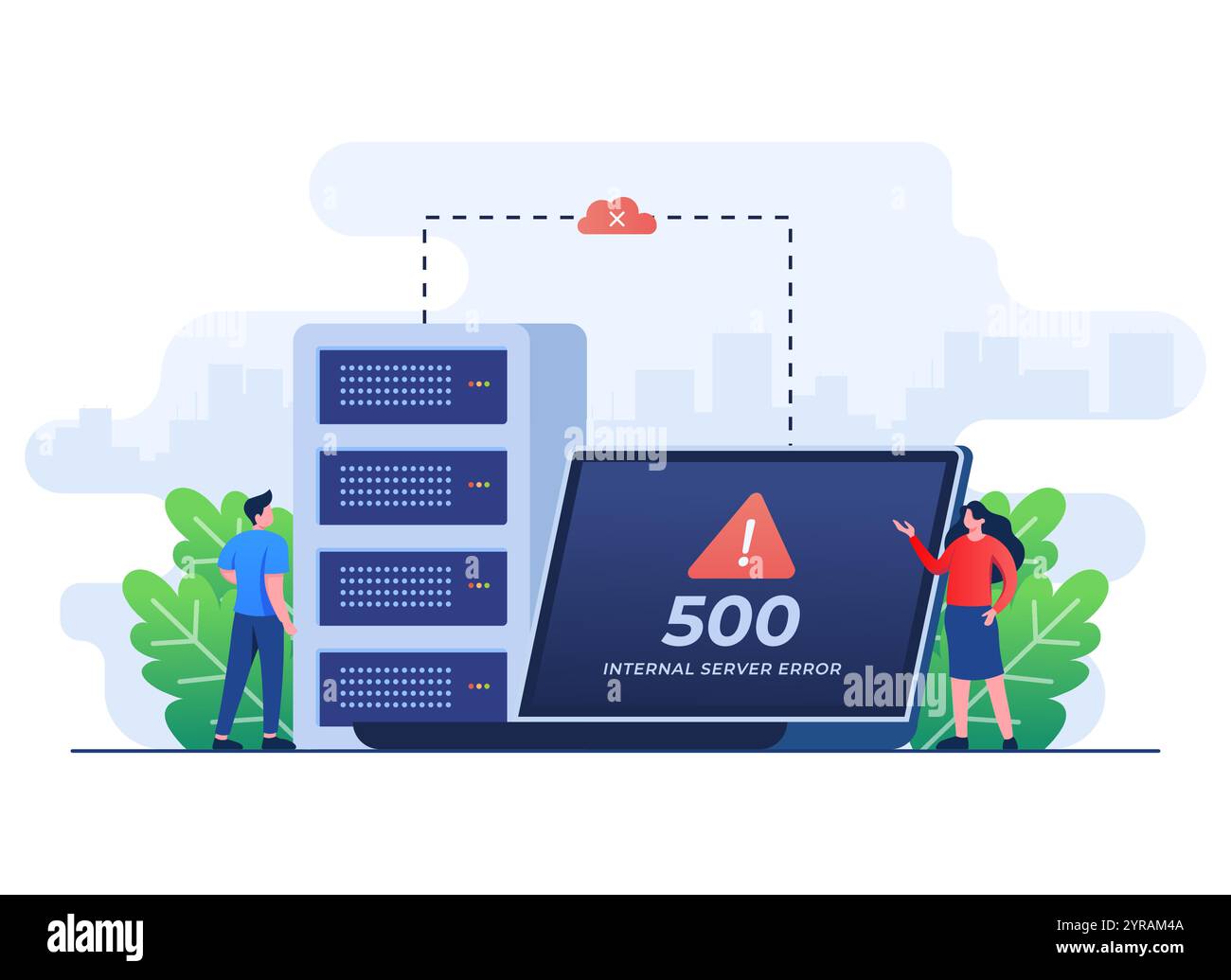 500 Internal server error concept flat illustration, Website error, Network error, Cloud computing concept for landing page, web design, banner, infog Stock Vector