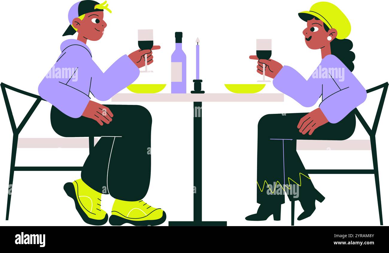Couple Dining At A Table In Flat Vector Illustration Symbolizing ...
