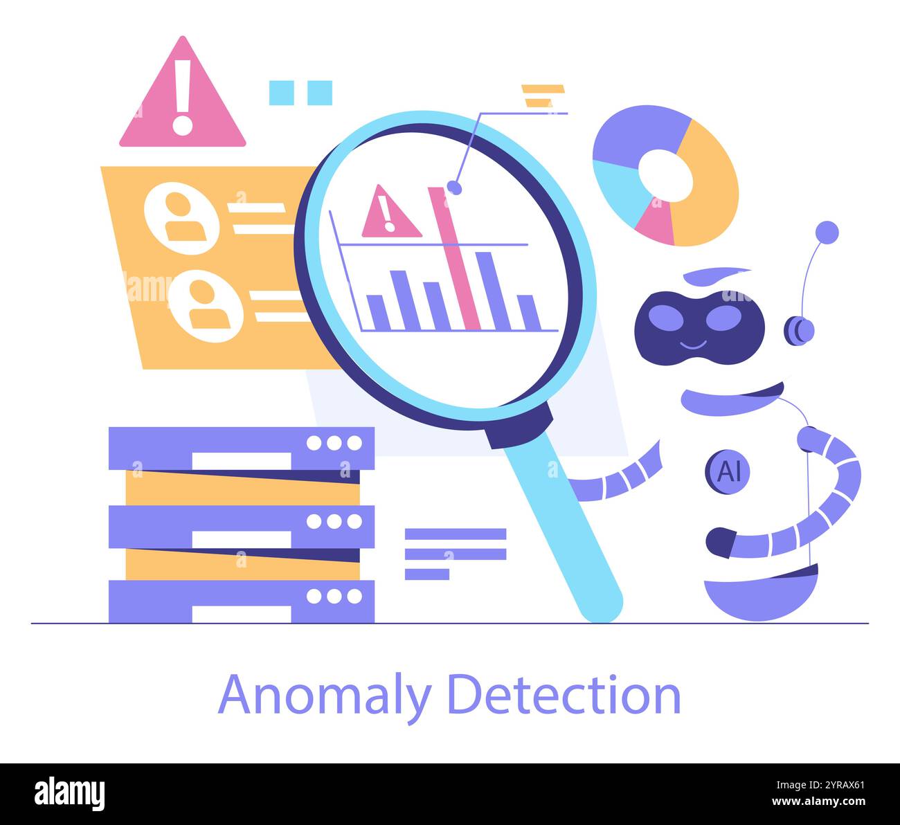 AI Cybersecurity concept. Anomaly detection with intelligent data analysis. AI robot analyzing charts through magnifying glass. Vector illustration. Stock Vector