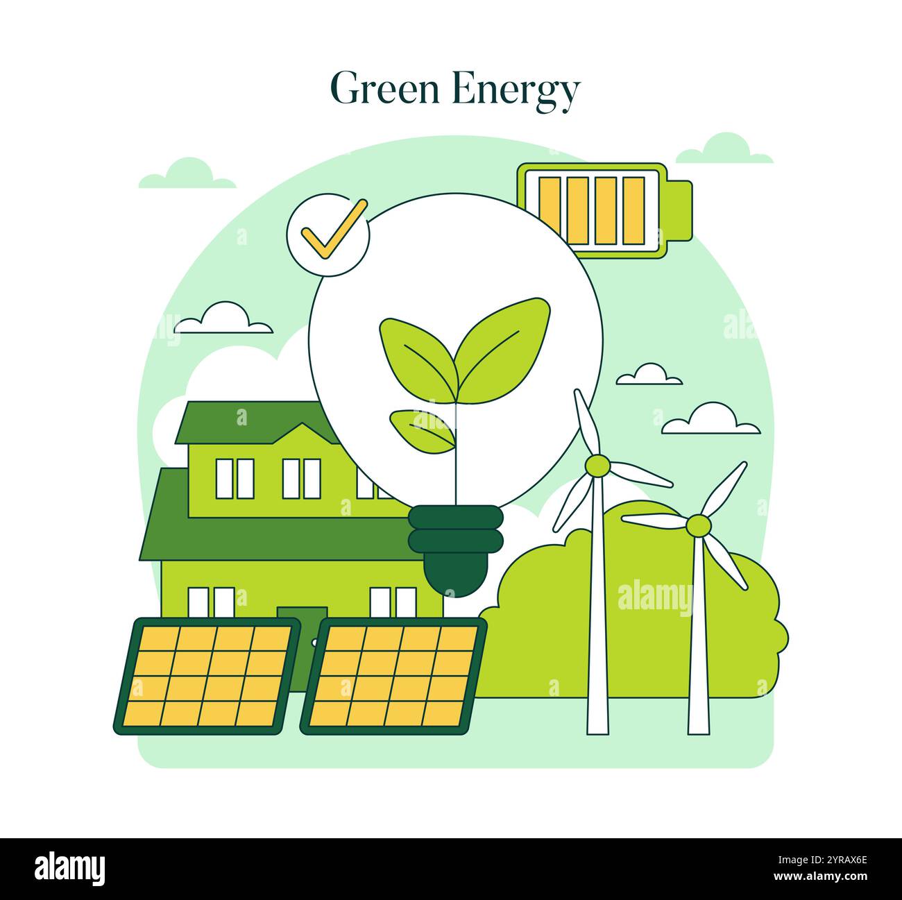 Green Energy concept. Illustration of renewable power with solar panels ...