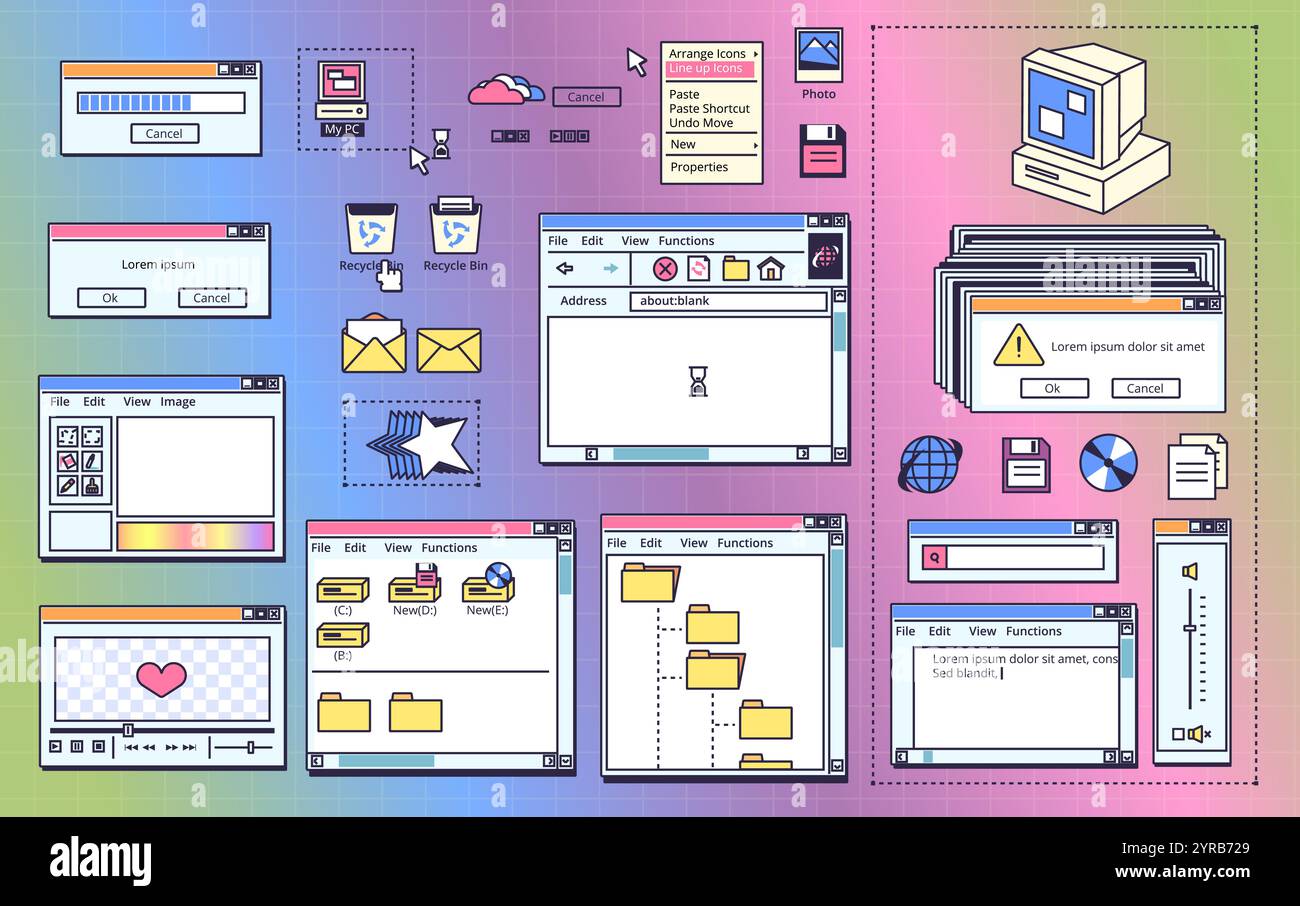 Vintage desktop windows. Old computer retro interface, search browser frame file tab gui element user page cyber system 80s 90s 2000s aesthetic template, classy vector illustration original artwork Stock Vector