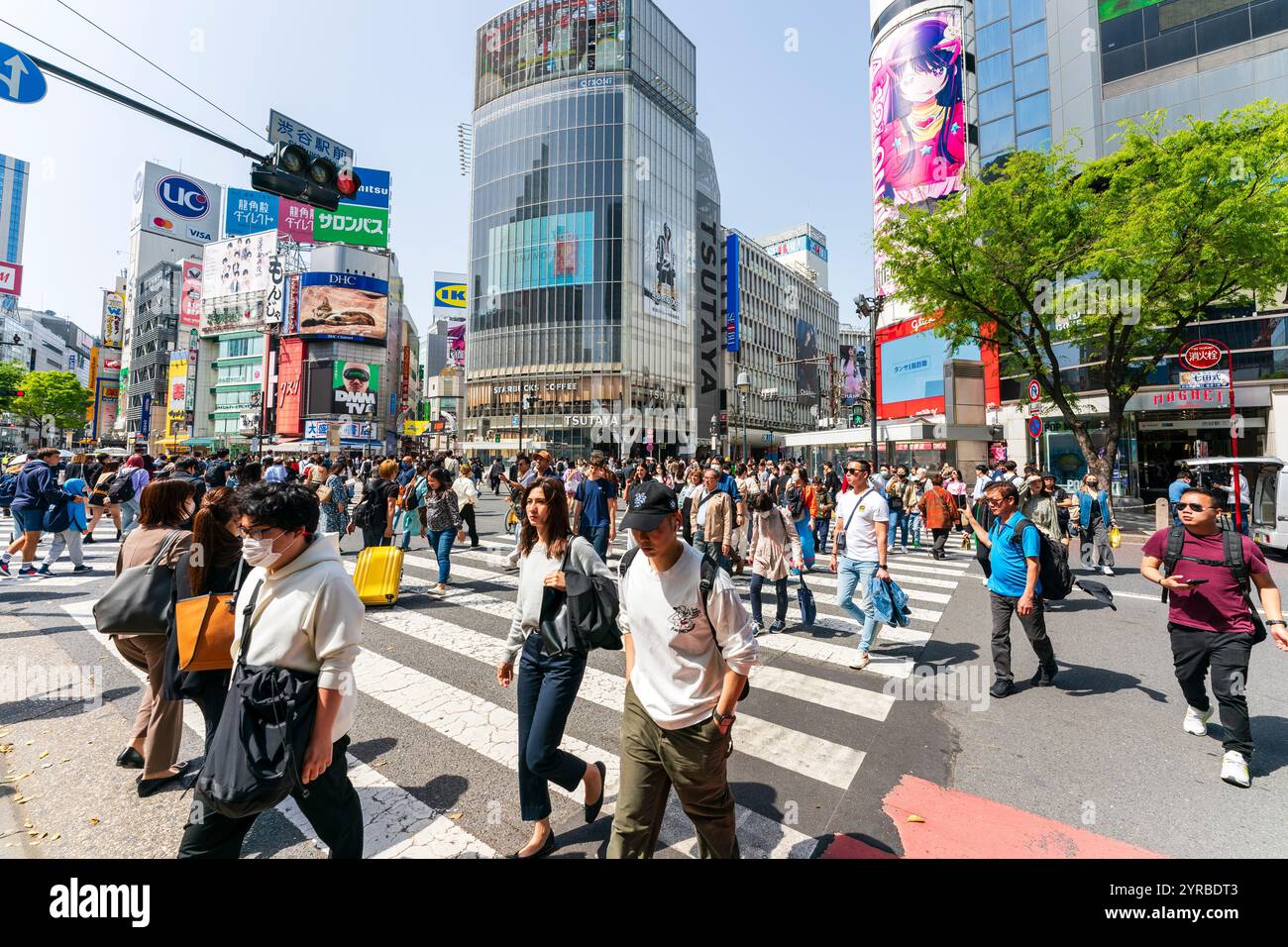 People crossing the famous scramble crossing at Shibuya in front of the landmark Tsutaya store building on a warm sunny day with blue sky. Stock Photo