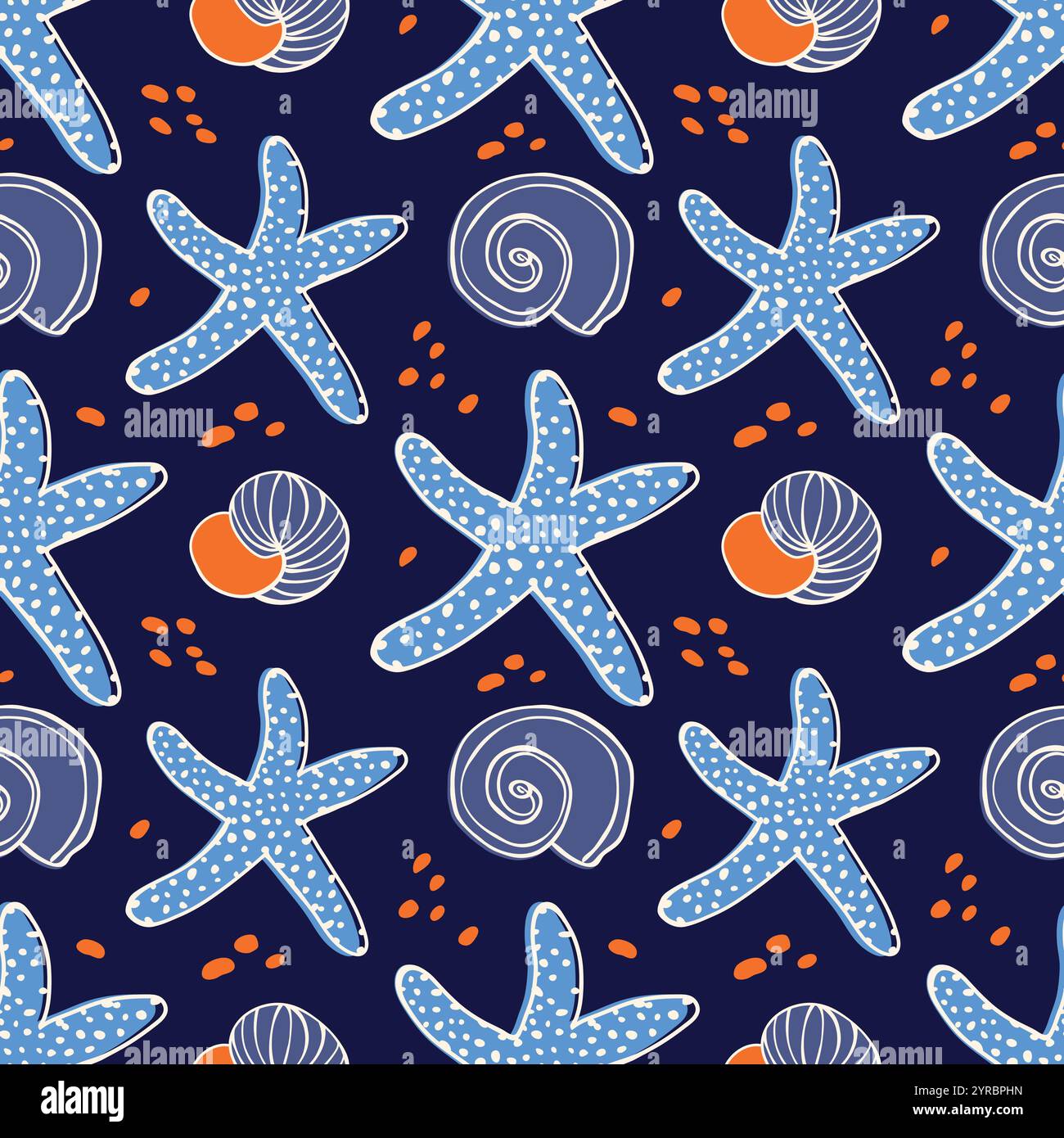 Seamless pattern with seashells, algae, starfish and bubbles. Stock Vector