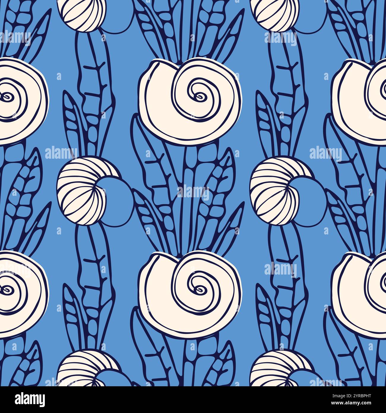 Seamless pattern with seashells and algae on a blue background. Stock Vector
