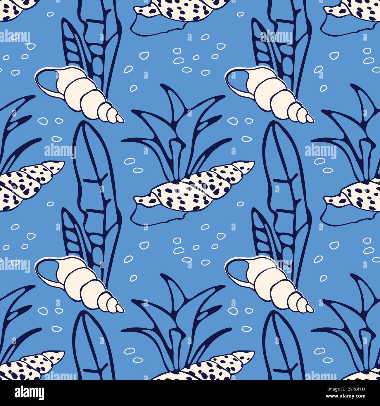 Seamless pattern with seashells, algae and bubbles. Stock Vector