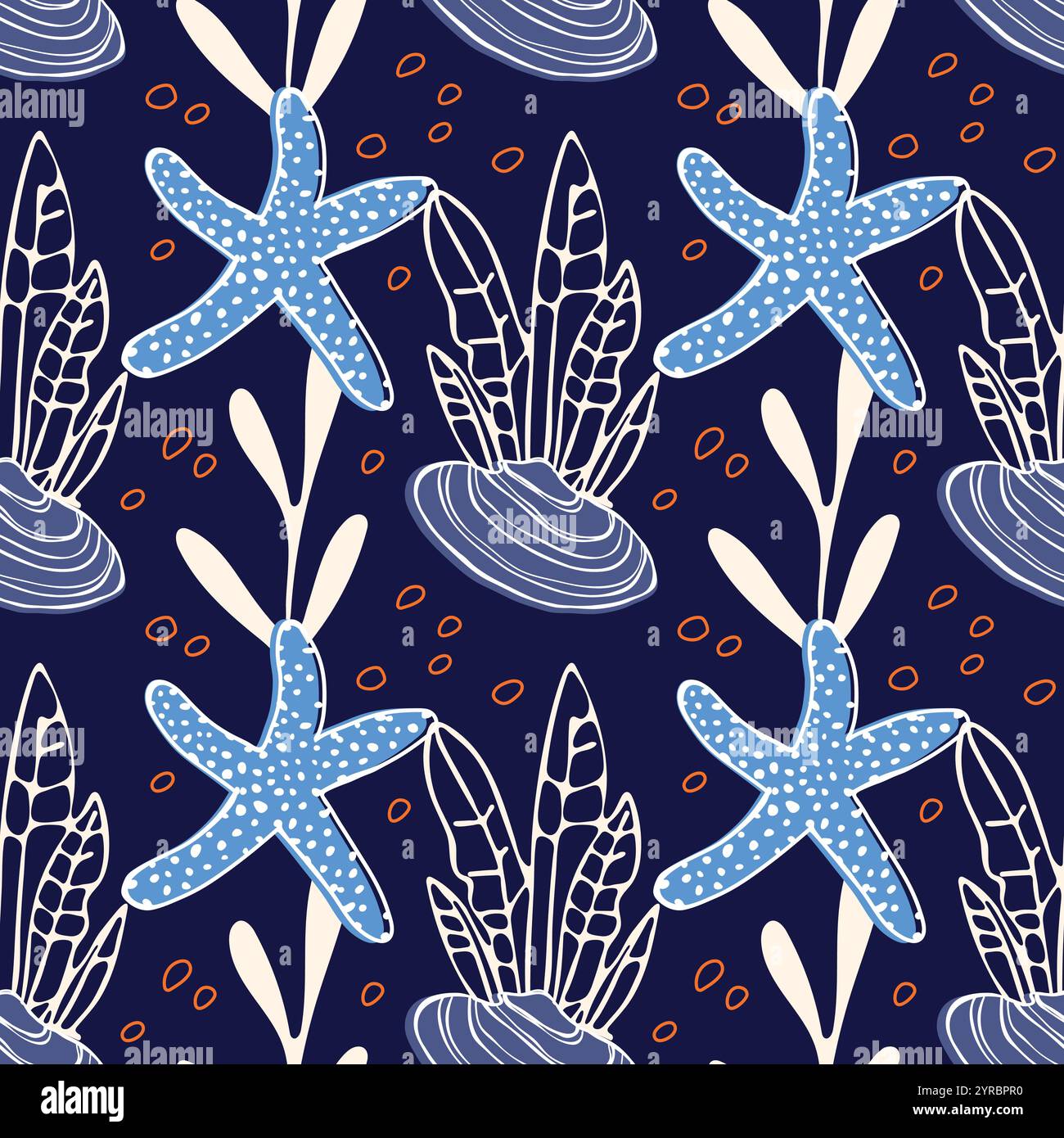 Seamless pattern with seashells, algae, starfish and bubbles. Stock Vector