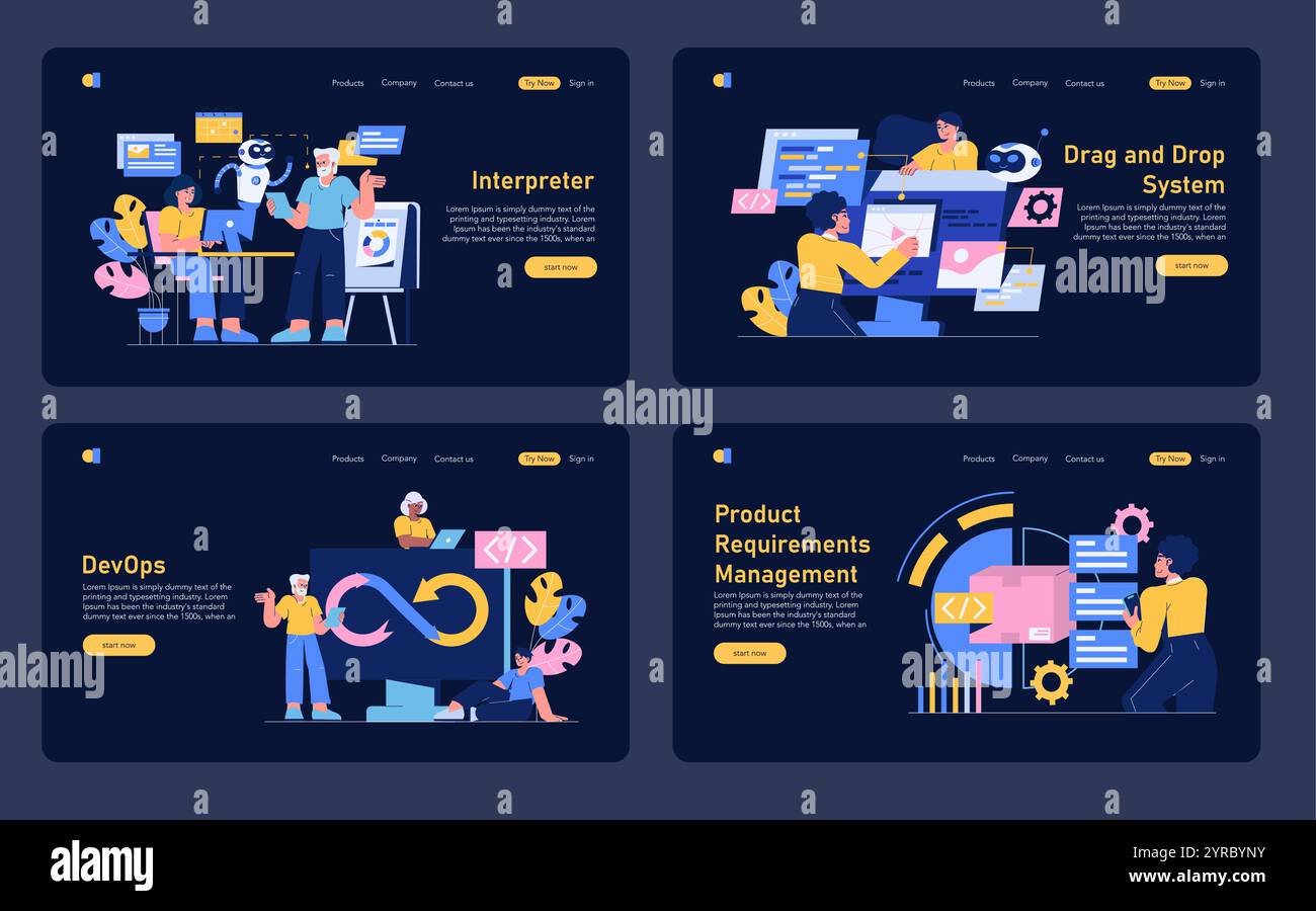 Software Development set. Professionals working with AI, DevOps, system ...