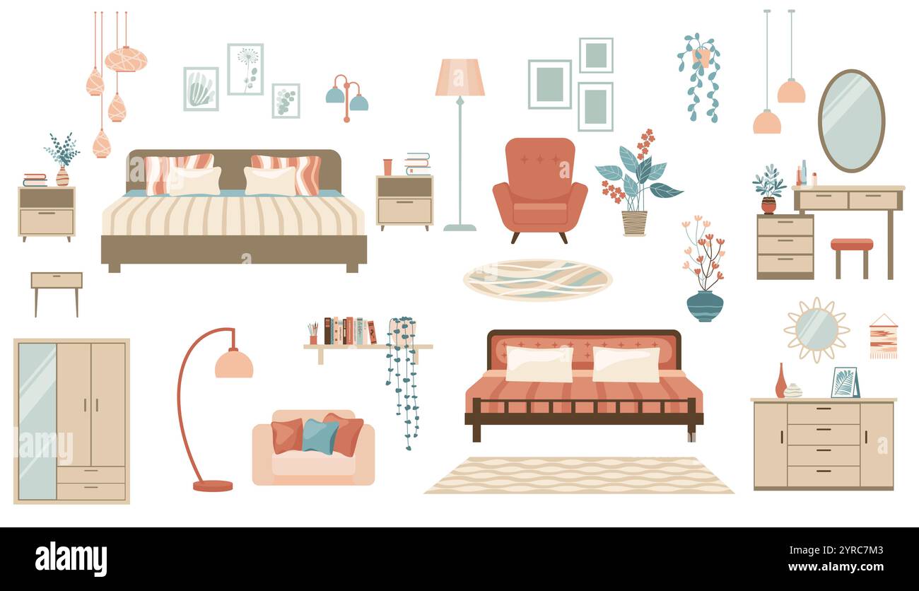 Furniture collection for modern home bedroom interior design Stock ...