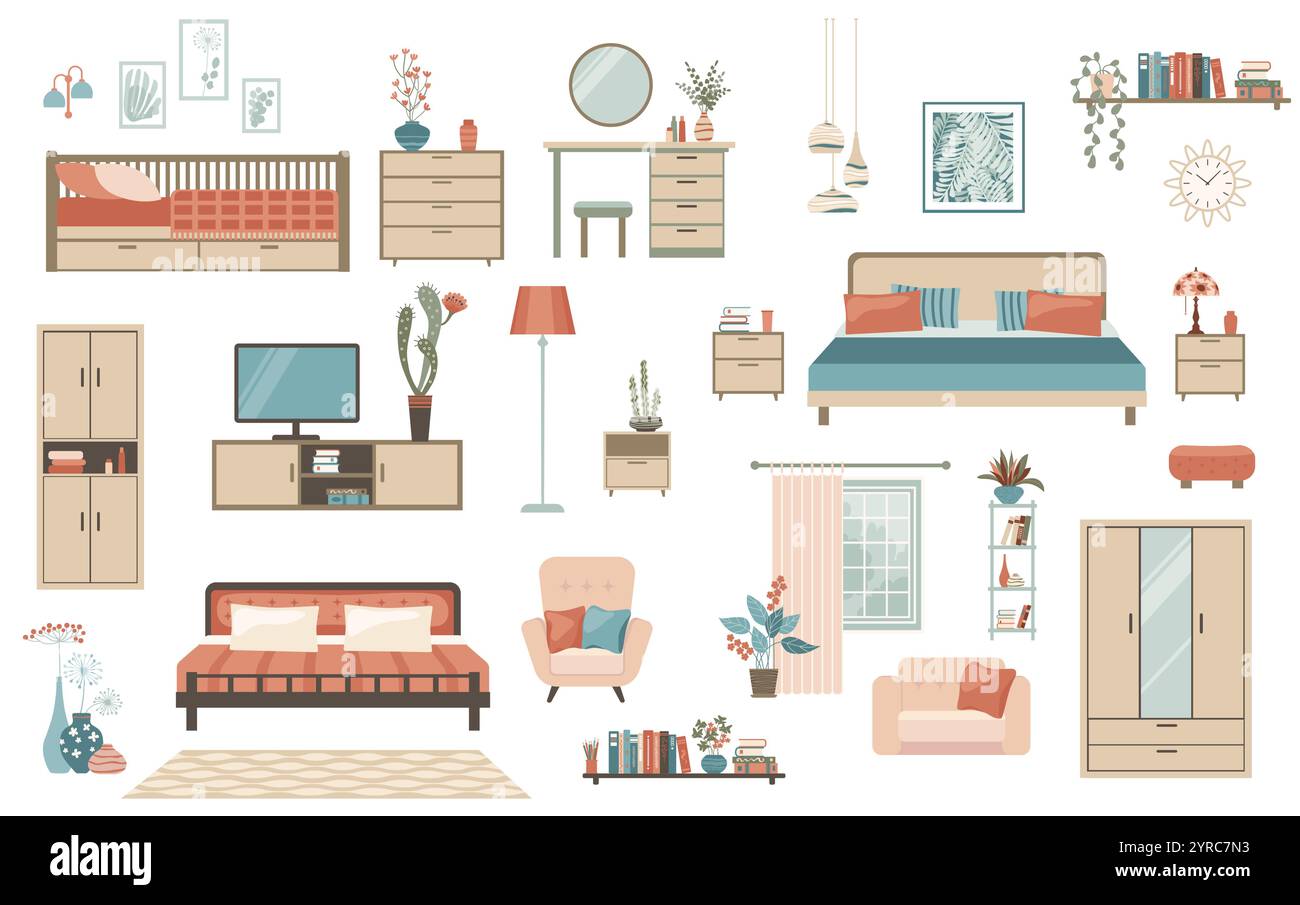 Furniture collection for modern home bedroom interior design Stock ...