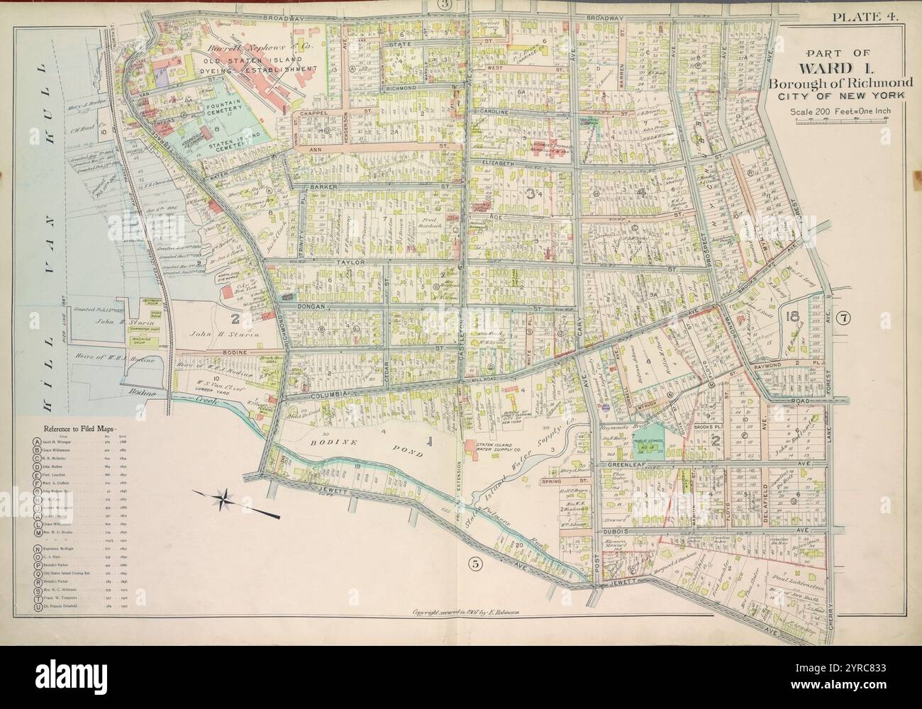 Plate 4, Part of Ward 1. [Map bound by Broadway, Forest Ave, Cherry Lane, Jewett Ave, Richmond Terrace, Creek, Kill Van Kull] 1907 by Robinson, E. (Elisha) Stock Photo