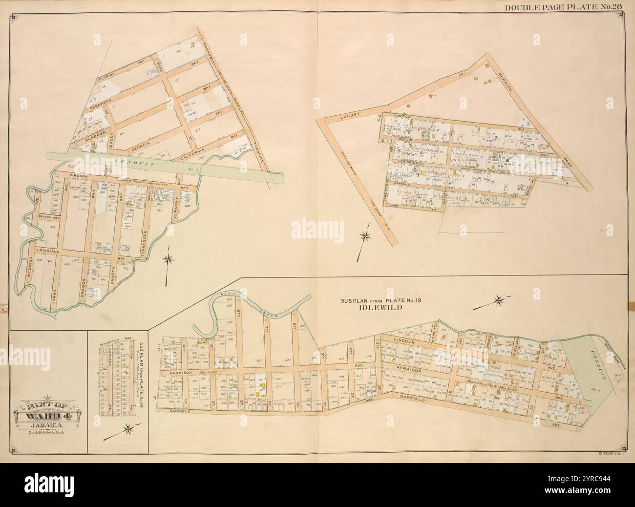 Queens, Vol. 1, Double Page Plate No. 28; Part of Ward 4; Jamaica; [Map bounded by Broadway Turnpike, Vermont Way, tennessee Way, Dakota Way, Oregon Way, Idaho Ave., Wyoming Ave., Virginia Way, Alabama Way, Nebraska Way, Florida Way; Including Locust Ave., Merrick Road, Bertha PL., Baist Ave., South Side Branch Long Island R.R., Homestead Ave., Hunton Ave., Bay LisAve., Von Spiecel Ave., Garibaldi Ave., Chrystena Ave.]; Sub Plan From Plate No. 19; Idlewild; [Map bounded by Mill Creek, Brook Road; Including Garfield Ave., 11th St.]; Sub Plan From Plate No. 18; [Map bounded by Springfield Road; Stock Photo