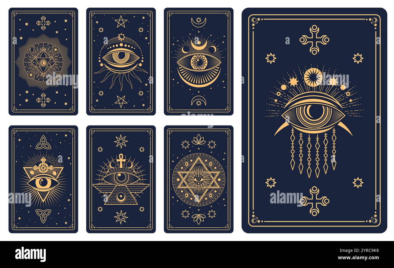 Magic occult tarot cards with astrological, mystical symbols, esoteric ...