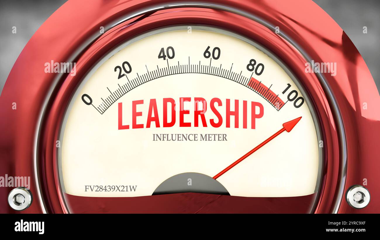 Leadership and Influence Meter that is hitting a full scale, showing a very high level of leadership Stock Photo