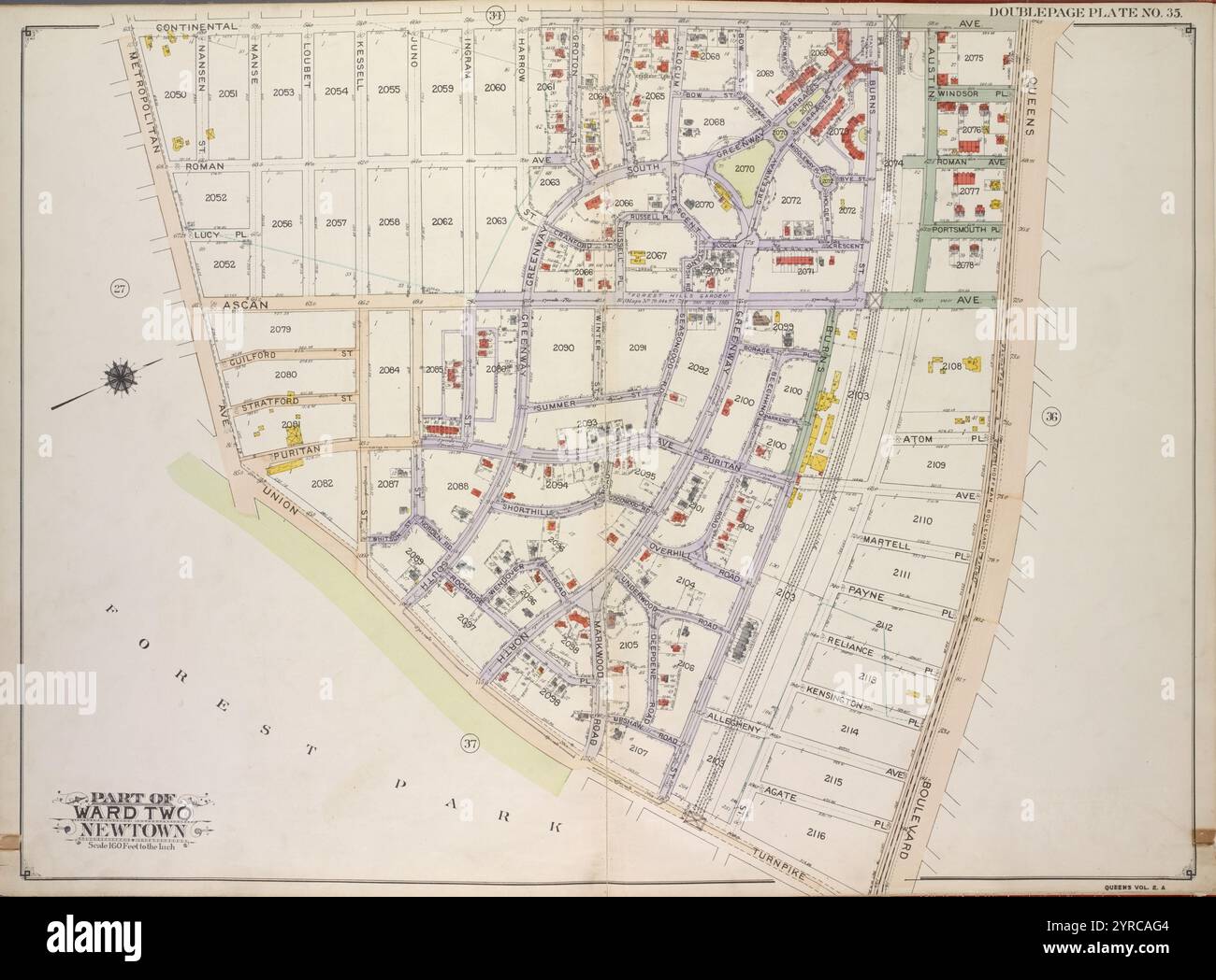 Queens, Vol. 2A, Double Page Plate No. 35; Part of Ward Two Newtown. [Map bounded by Continental Ave., Queens Blvd.; Including  Union Turnpike, Metropolitan Ave.] 1915 Stock Photo