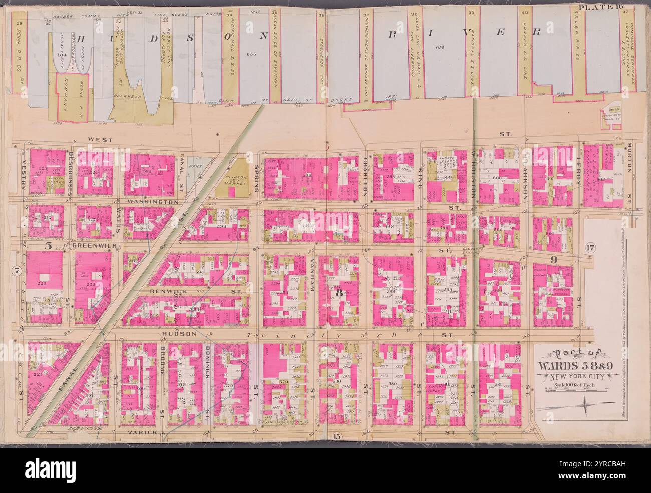 Plate 16 [Map bounded by Hudson River, Morton St., Varick St., Vestry St.] 1893 by Robinson, E. (Elisha) Stock Photo