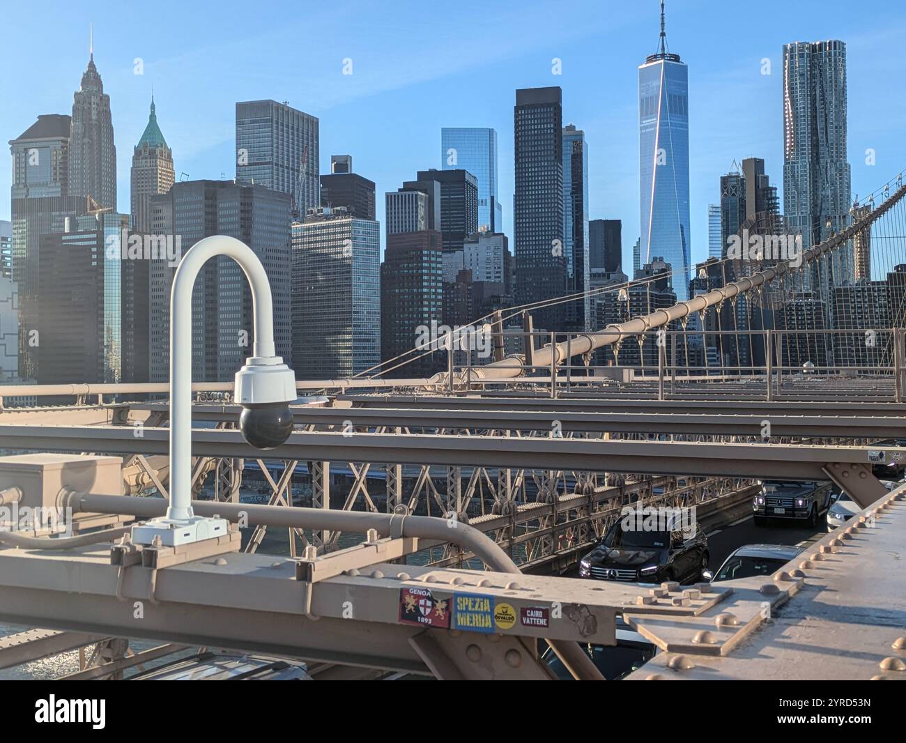 view of new york skyline from Brooklyn Bridge - Smartphone Captured Stock Image