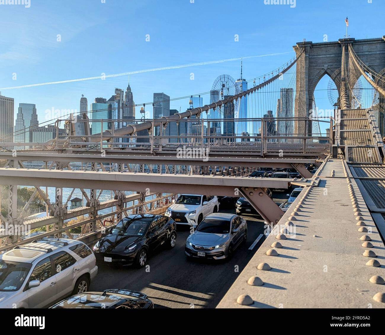 view of new york skyline from Brooklyn Bridge - Smartphone Captured Stock Image