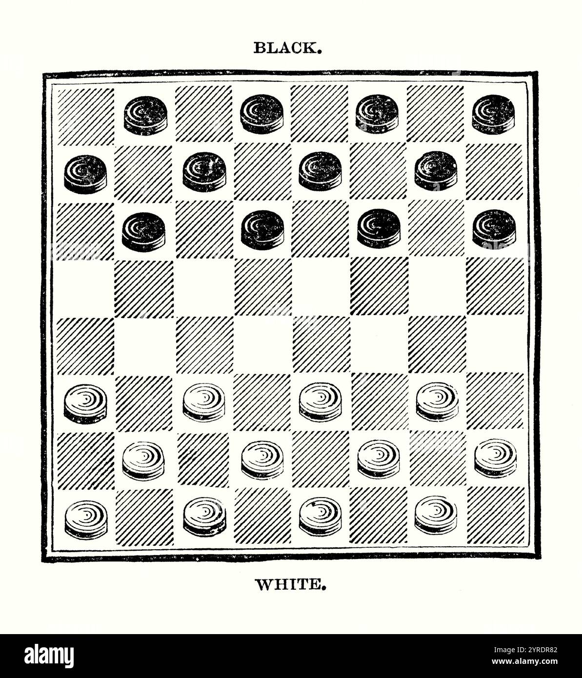 An old engraving of a draught board. It is from Victorian book of the 1890s on sports, games and pastimes. English draughts or checkers (USA), also called straight checkers or simply draughts, is a strategy board game for two players taking turns to play. It is played on an 8 by 8 checkerboard with 12 pieces per side. The pieces move and capture diagonally forward with enemy pieces captured by jumping over them. Stock Photo