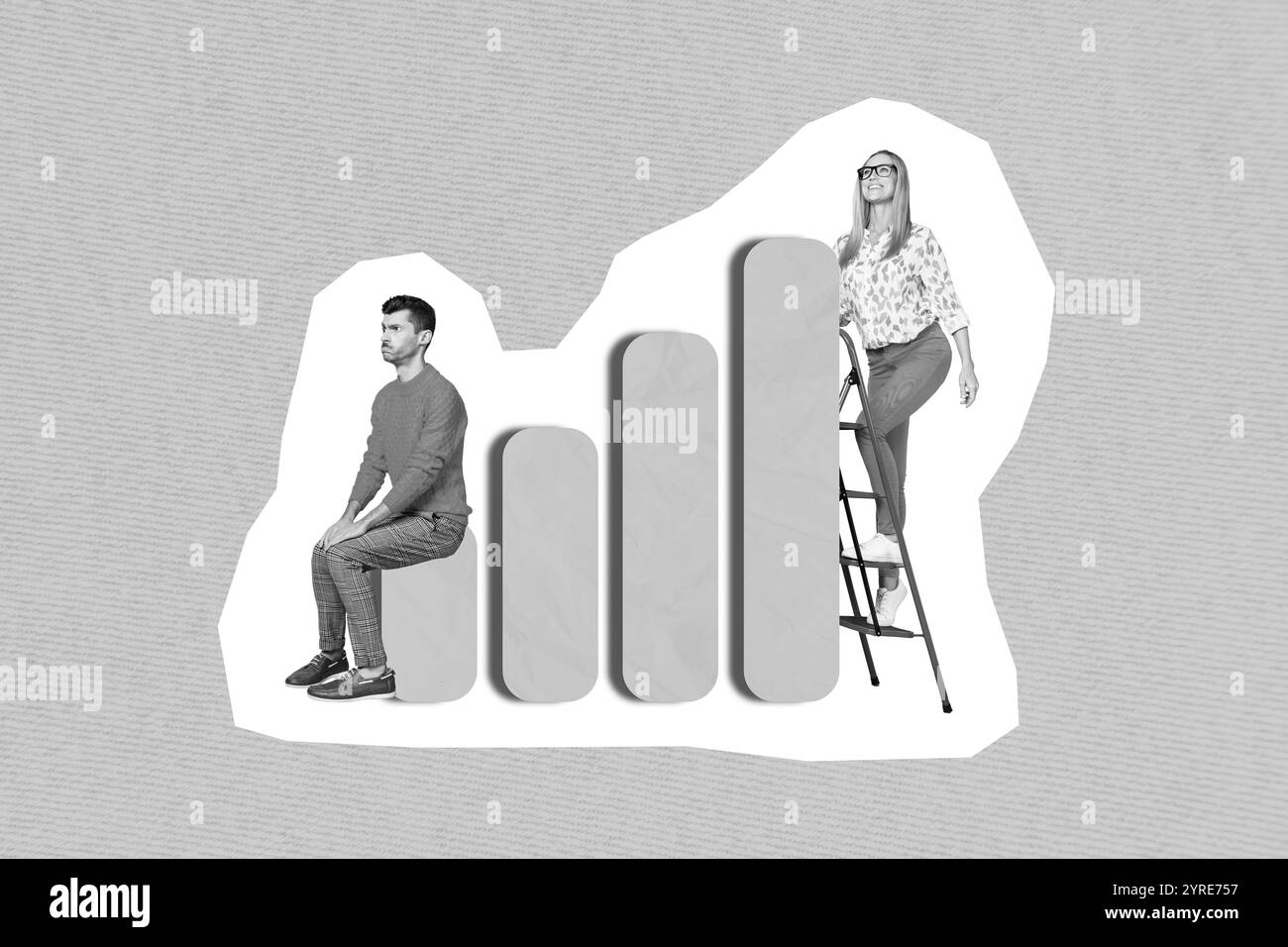 Collage photo business concept woman climb upstairs want reach more ...