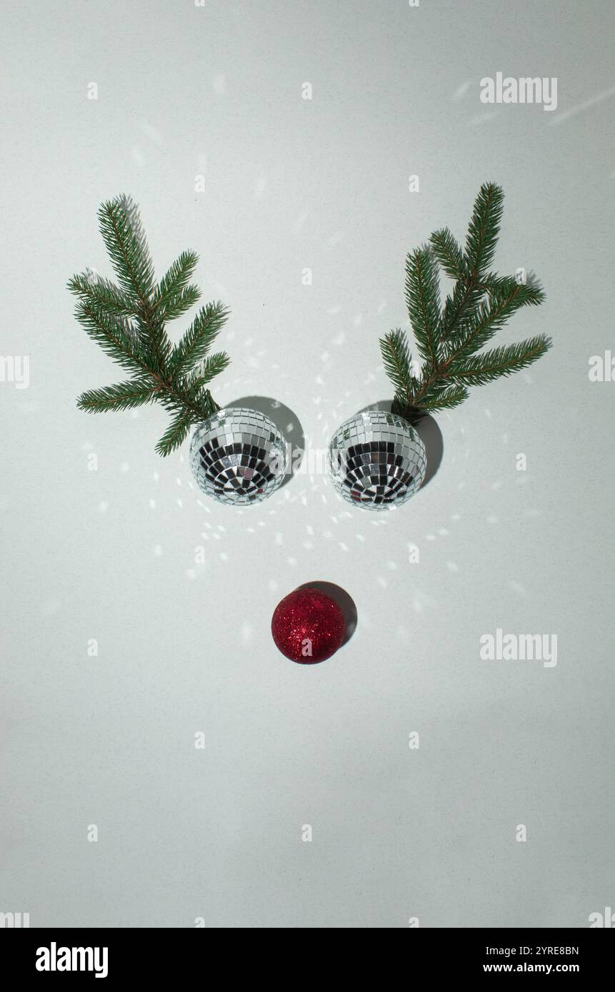 Christmas Disco Balls Bauble With Reindeer Antlers Made Of Evergreen 