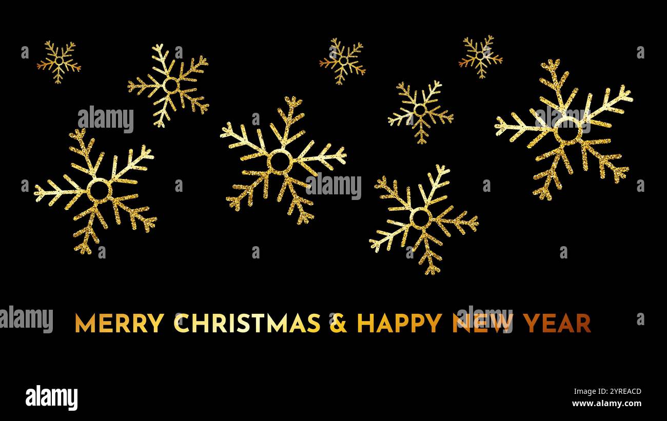 Christmas dark background with gold glitter snowflakes. New year ...