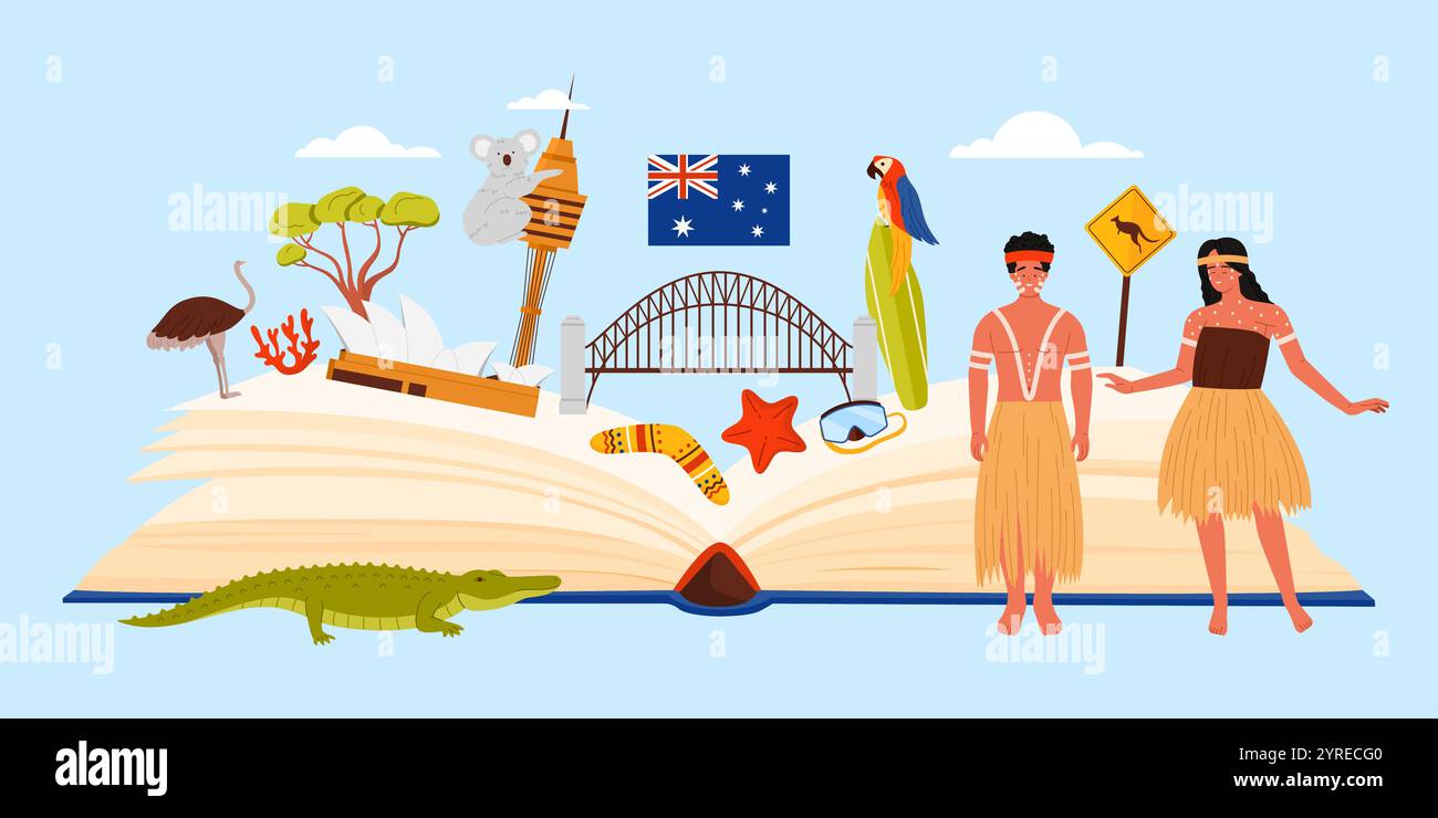 Culture elements and famous architecture - Culture Elements And Famous Architecture For Australia Study Open Big Book And Collage Of Australian Sightseeing Places For Tourists Tribal People And Wild Animals Cartoon Vector Illustration 2YRECG0