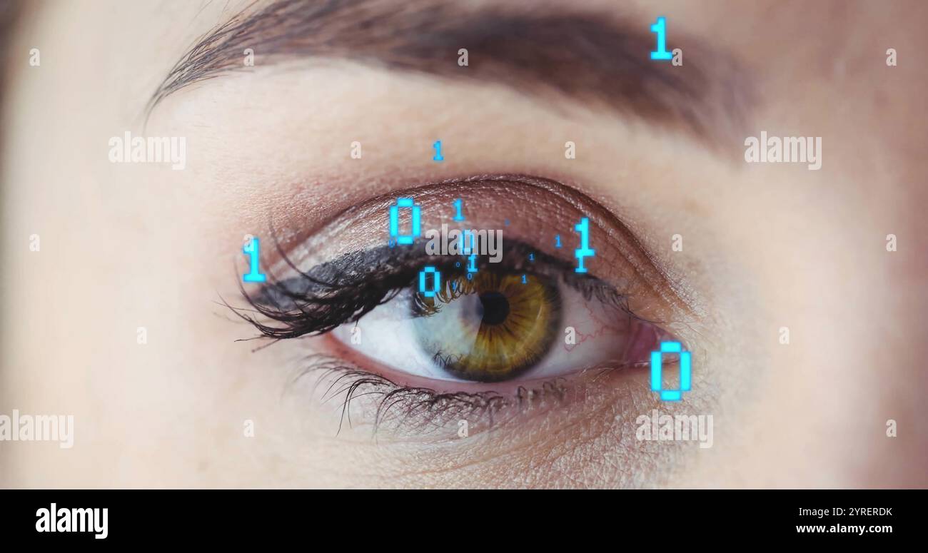 Image of binary coding data processing over close up of woman's eye Stock Photo