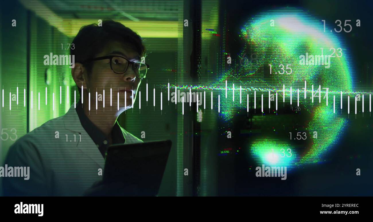 Image of digital data processing over asian man using tablet by computer servers Stock Photo