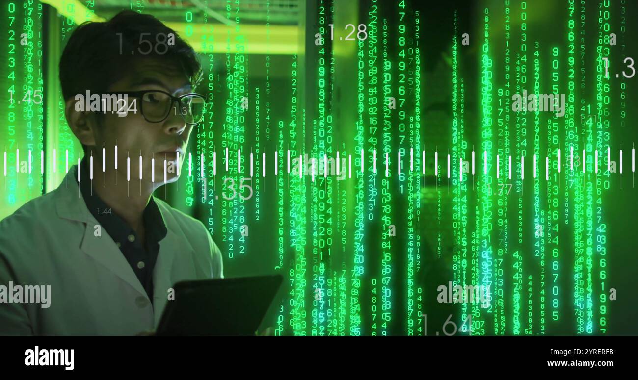 Image of digital data processing over asian man using tablet by computer servers Stock Photo