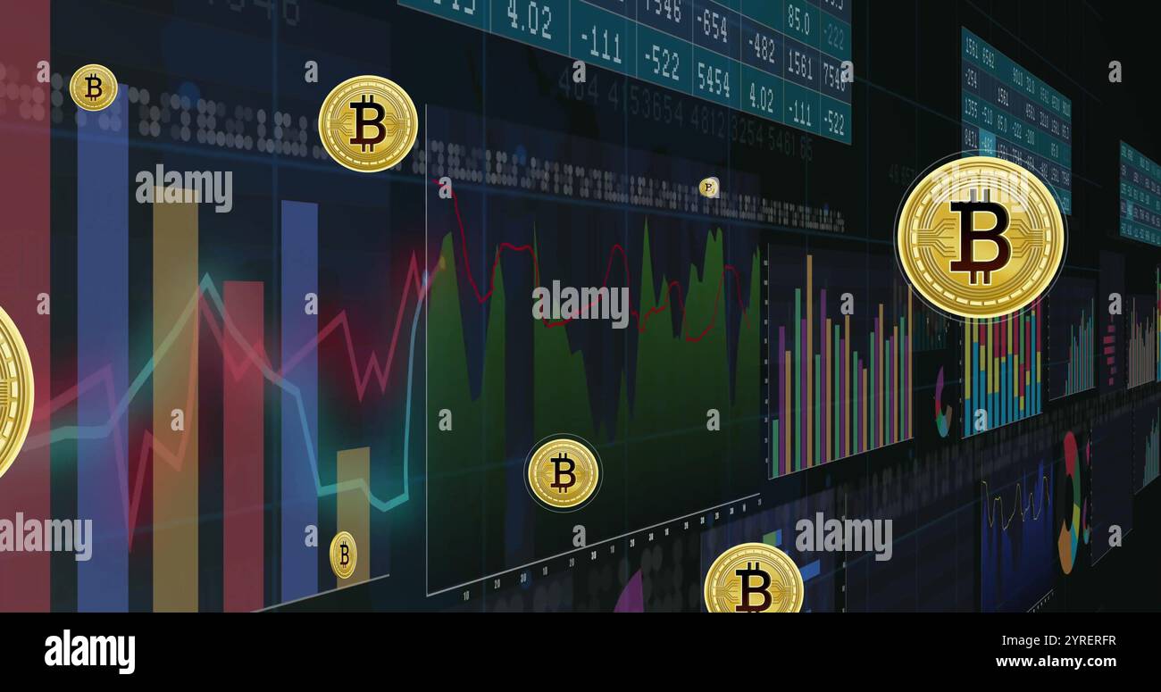 Image of digital data processing over bitcoin icons Stock Photo