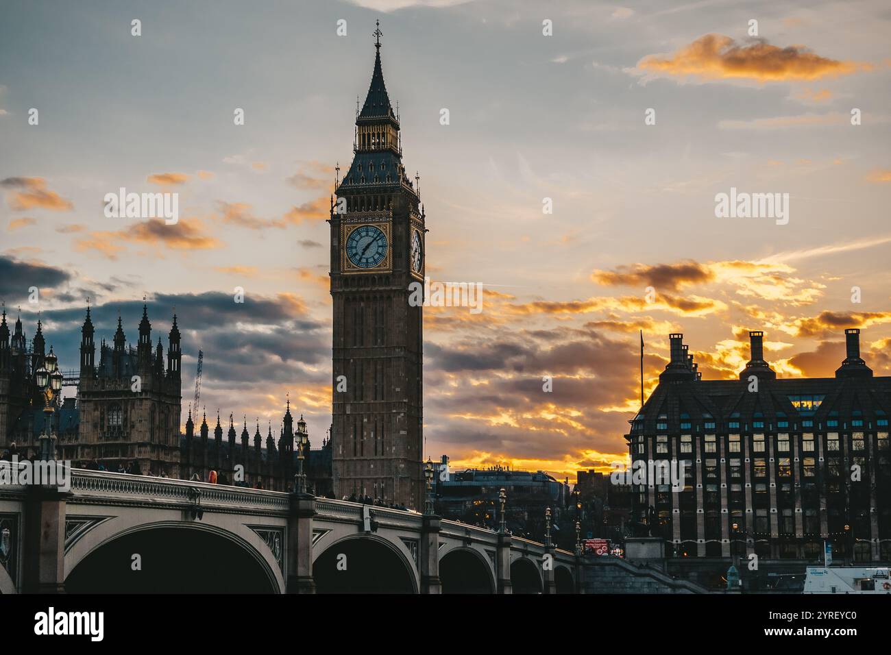 Big Ben and the Westminster Palace in London stand as iconic symbols of British heritage, showcasing the city’s historical architecture and grandeur. Stock Photo