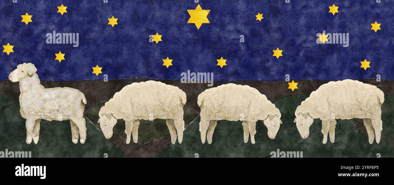 Stylized sheep and stars watercolor seamless border on dark background. Hand painted high quality illustration for textile, cards, posters Stock Photo