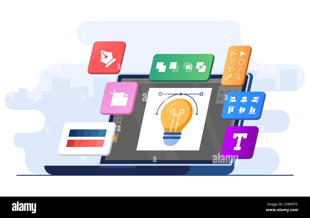 Graphic design software application on laptop screen flat illustration ...