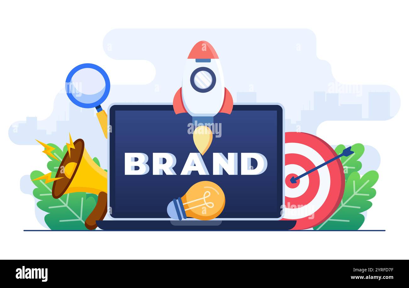 Brand building concept infographic flat vector illustration template for web banner, landing page, mobile app, Brand word lettering typography Stock Vector