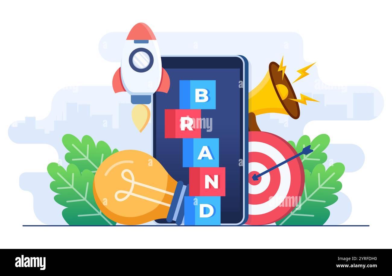 Brand building concept infographic flat vector illustration template for web banner, landing page, mobile app, Brand word lettering typography Stock Vector