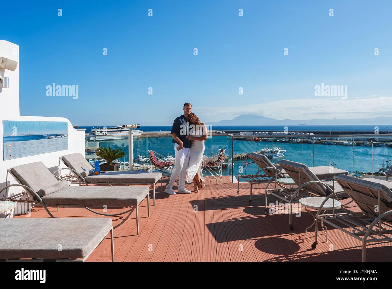 Luxurious Rooftop Terrace Overlooking Marina with Lounge Chairs Stock ...