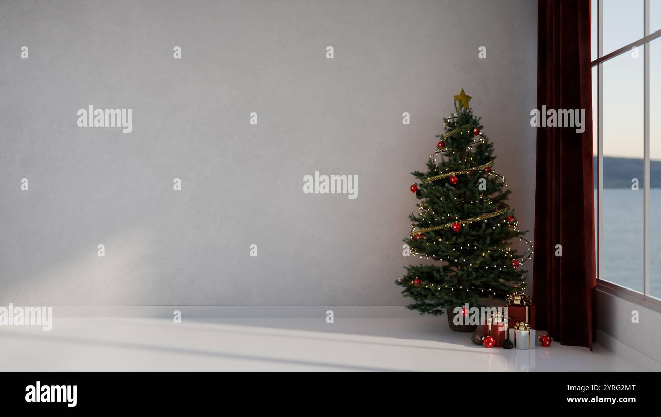 An empty room featuring a glowing Christmas tree and gift boxes under the tree by the window, a white flooring, and empty white wall. 3d render, 3d il Stock Photo