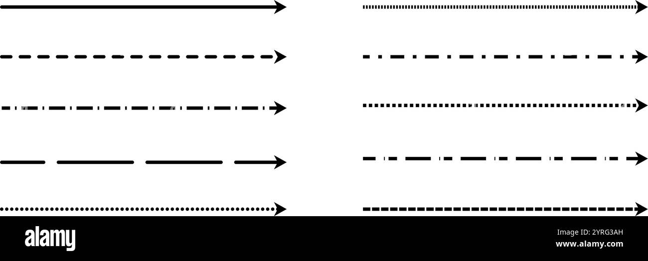 Black straight thin dashed arrow set. Long dotted arrows collection ...