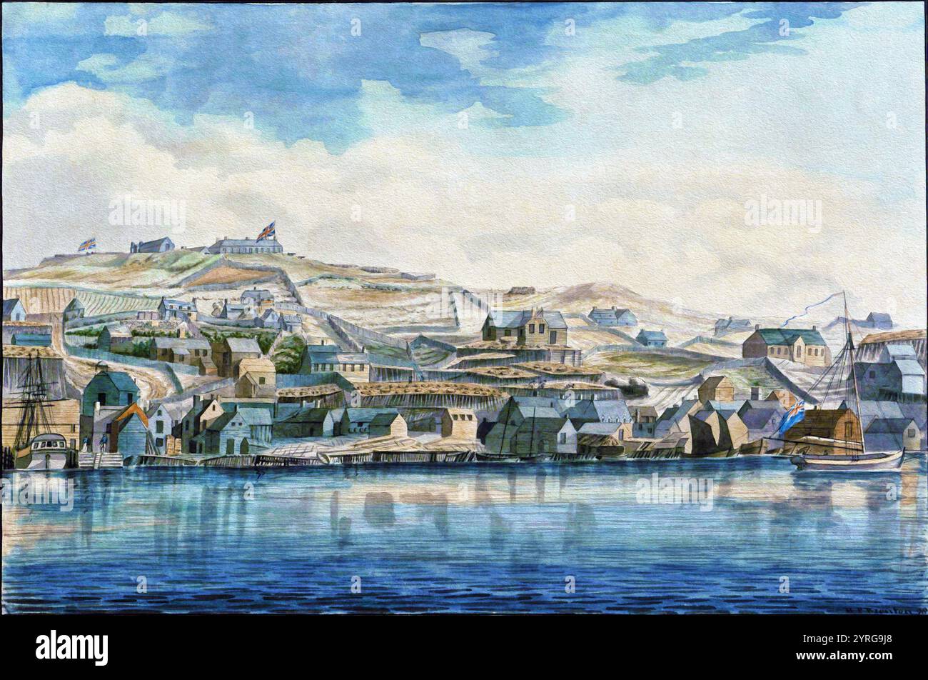 A detailed watercolor depicting St. John's coastal town, capturing an 18th-century landscape. The scenic view illustrates historical architecture amidst serene waters and clear skies. Stock Photo