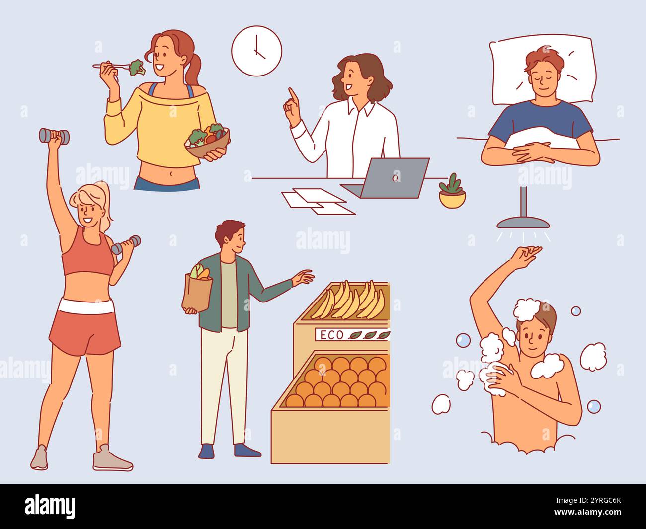 Healthy lifestyle habits. Proper nutrition, people exercise, eat fresh ...