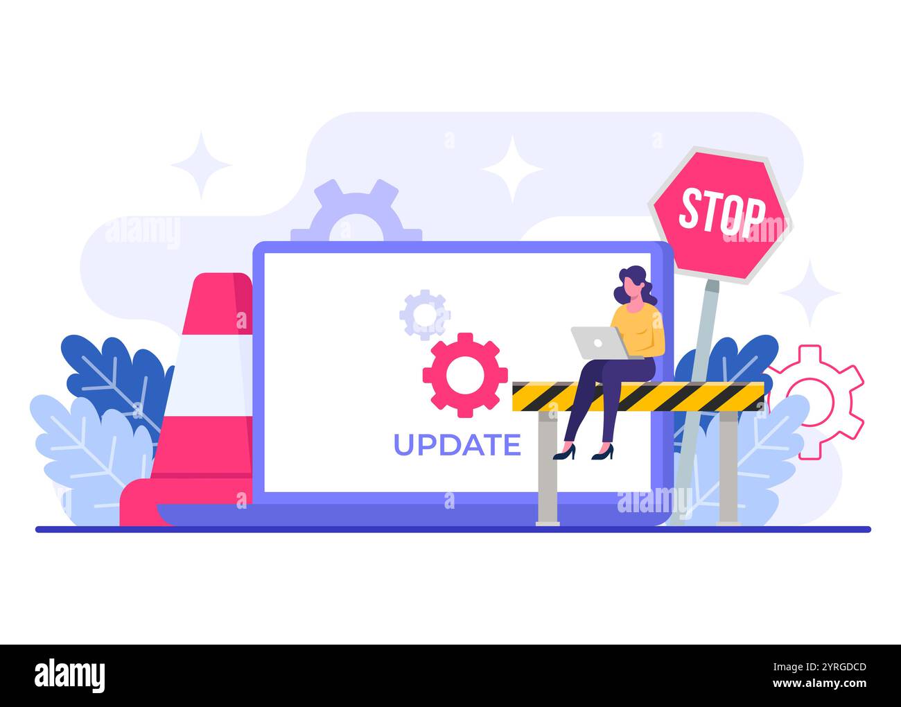 Laptop with software update screen flat vector illustration, System maintenance, update process, install software, operating system Stock Vector